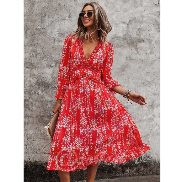 Rouge! Dresses & Skirts - Rouge! Red Floral Midi Dress